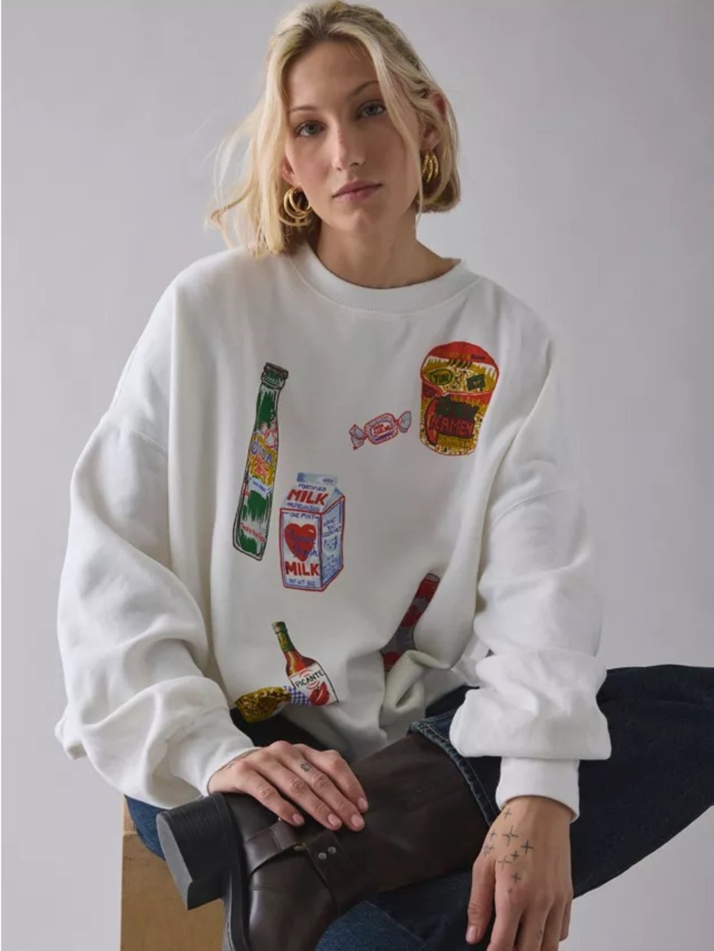 BDG White Graphic Crewneck Sweatshirt with Colorful Food & Drink Patches